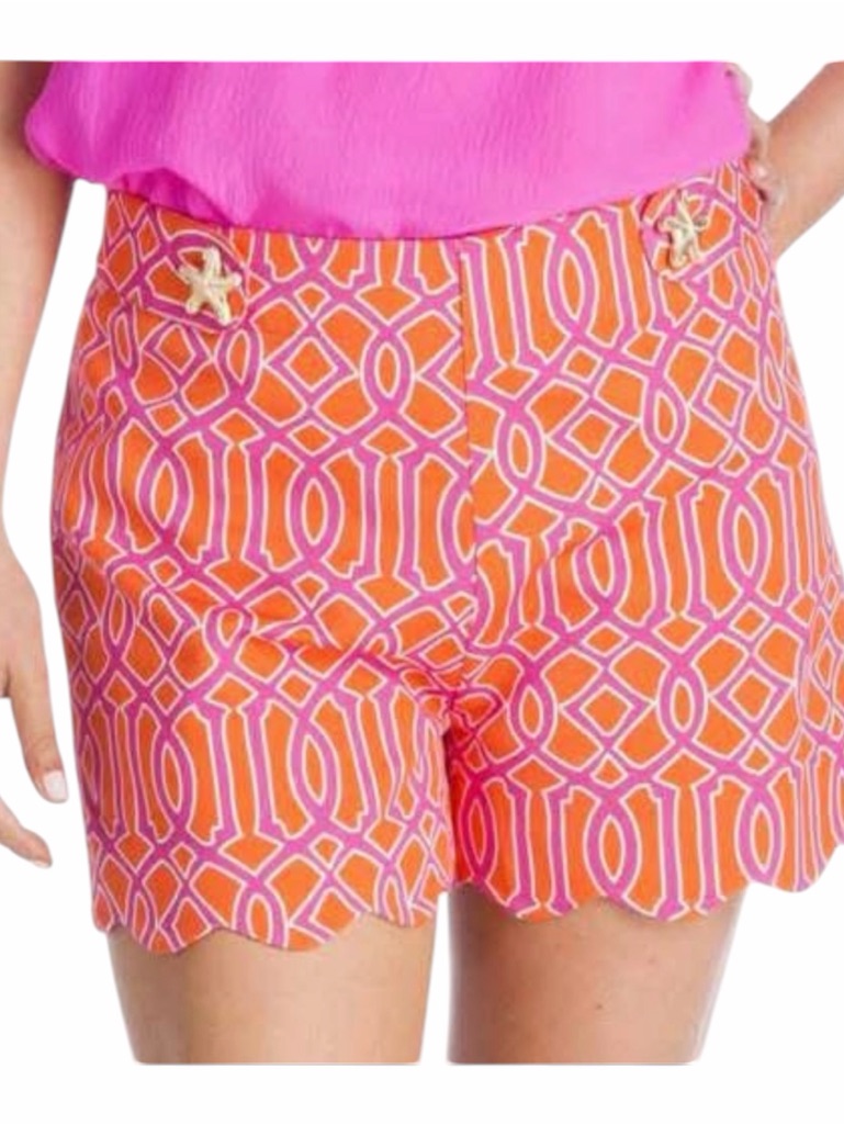 Mud Pie Women’s Scallop Hem Shorts Pink Orange Geometric Print Gold Starfish